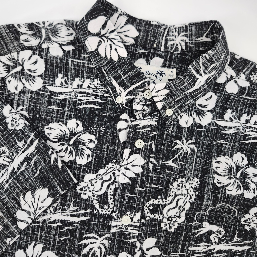 Reyn Spooner Goodfellow Mens Black Hawaiian Camp Shirt M Surfer Reverse Print
